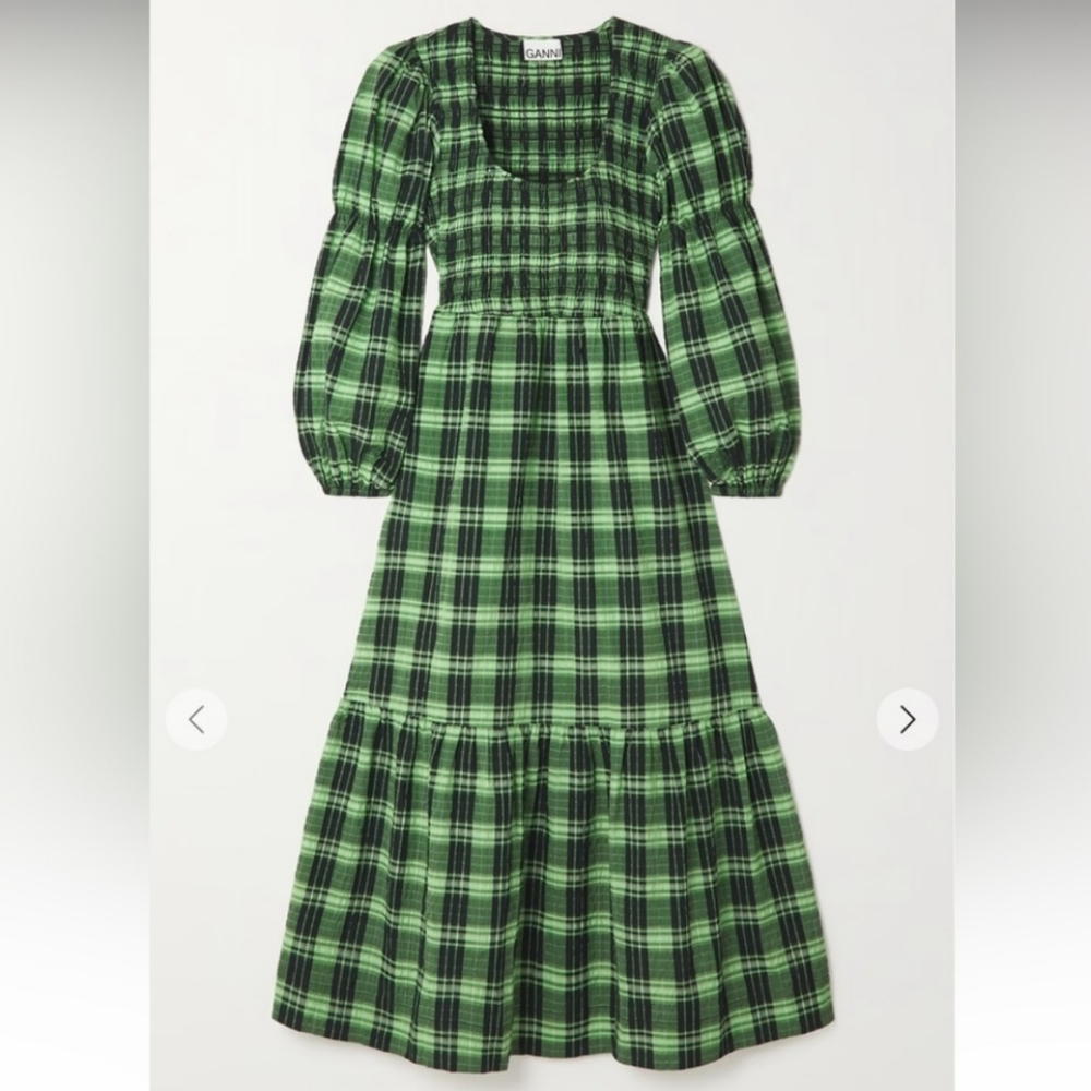 GANNI Seersucker Checked Smocked Maxi Dress in Green NWT Size 40 - Picture 2 of 14